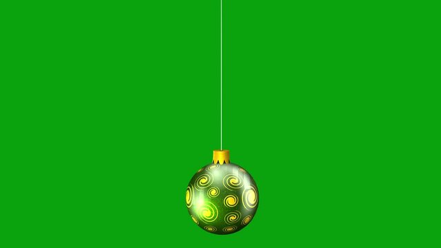 Green christmas ball hangs from top to bottom on a green screen. Green christmas ornament ball with key color. Chroma key, Color key background. 4K video