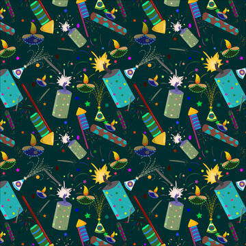 Seamless pattern of byzantium, bole color candle firework, beige, icterine color flower pot,gray color Sparklers, verdigris, moss green color bomb and rockets with oil lamp on rich black background.