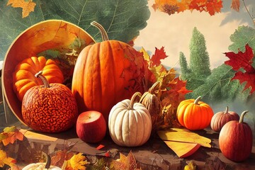 Naklejka na ściany i meble Autumn seasonal harvest Fruits and vegetables background Pumpkin, red apples and maple leaves Autumn still life , anime style