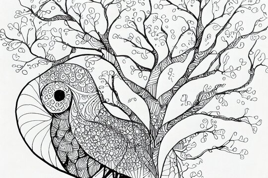 Art therapy coloring page. Coloring book for adults. Coloring pictures with birds on a tree. Anti stress freehand drawing with doodle and zentangle elements.