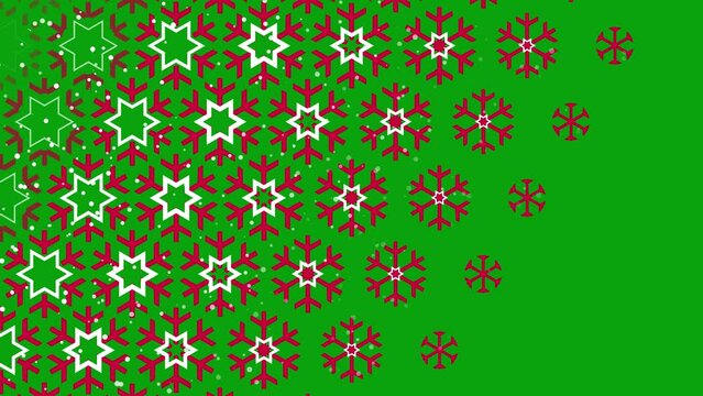 Red big snowflakes transition on a green screen. Christmas and New year Big snowflakes transition with key color. Cartoon snowflakes transition. Chroma key, Color key background. 4K video