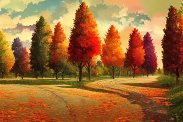 Fototapeta na wymiar Background in Autumn colors Leaves and trees in Autumn mood , anime style