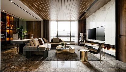3d render of luxury home living room - obrazy, fototapety, plakaty
