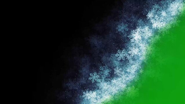 Snowflakes transition on green screen. Christmas and New year snow transition with Key color. Chroma key, Color key background. 4K video