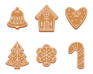 Set of Christmas gingerbread cookies in flat cartoon style.