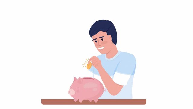 Animated frugal male character. Putting coin in piggy bank. Half body flat person 4k video footage with alpha channel. Savings color cartoon style illustration for motion graphic design and animation