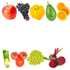 Set of vegetables and fruits isolated on white. Creative frame with place for text. Collage.