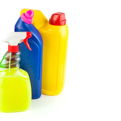 household chemicals isolated on white background. Free space for text.
