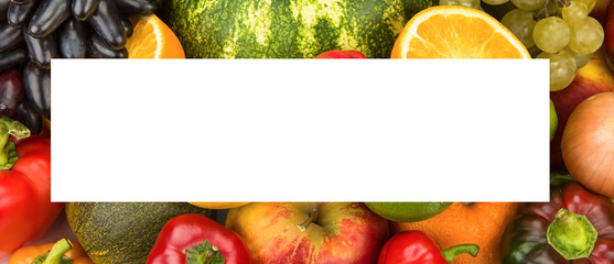 Set of vegetables and fruits. Frame with free space for text. Wide photo.