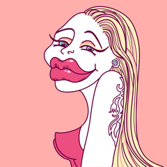 Stylish woman portrait with long blonde hair and botox lips. Vector caricature illustration of glamour makeup young woman with tattoo decor body on pink background - obrazy, fototapety, plakaty