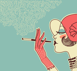Retro woman poster with cigarette and smoke decoration. Vector flapper girl with fashion red hat smoking cigar hand drawn illustration on poster background. - 532813327