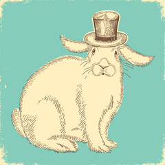 Rabbit gentleman in vintage cylinder hat. Vector vintage hand drawn illustration of cute rabbit on old paper texture background.