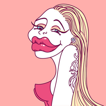 Stylish woman portrait with long blonde hair and botox lips. Vector caricature illustration of glamour makeup young woman with tattoo decor body on pink background