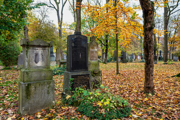 View of famous Old North Cemetery of Munich, Germany with historic gravestones.