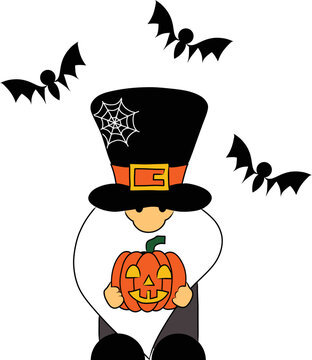 Halloween Gnome with Pumpkin and Bats Vector Illustration