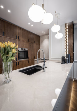 Marble kitchen countertop in modern luxury apartment