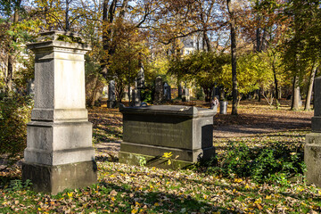 View of famous Old North Cemetery of Munich, Germany with historic gravestones.