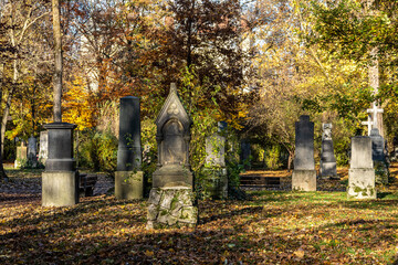 View of famous Old North Cemetery of Munich, Germany with historic gravestones.