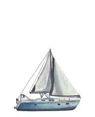 Yacht watercolor illustration Blue boat hand painted clipart Transport sailing hand drawn graphic...