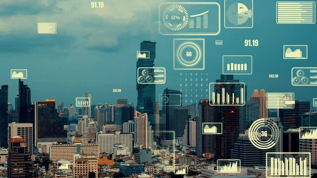 Business data analytic interface fly over smart city showing alteration future of business intelligence. Computer software and artificial intelligence are used to analyze big data for strategic plan .