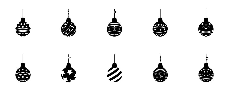 Conjunto de iconos de bolas colgantes de navidad. Colección de bolas decorativas estilo silueta negro. Feliz navidad. Ilustración vectorial