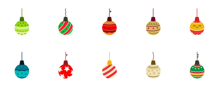 Conjunto De Iconos De Bolas Colgantes De Navidad. Colección De Bolas Decorativas De Colores. Feliz Navidad. Ilustración Vectorial