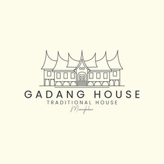 gadang house with line art style logo vector template icon illustration design, traditional house, west sumatera, minangkabau, indonesia logo landmark design