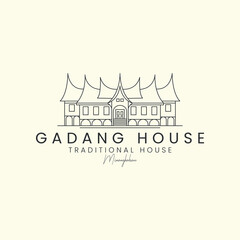 Fototapeta premium gadang house with line art style logo vector template icon illustration design, traditional house, west sumatera, minangkabau, indonesia logo landmark design