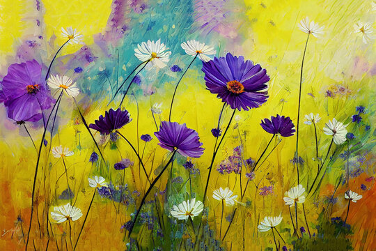 Abstract oil painting flowers plant. Purple cosmos, white daisy, cornflower, wildflower, dandelion flower in fields. Hand painted floral meadow and yellow background. Spring flower nature background.
