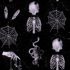 Halloween seamless pattern with skeleton, hands, sneak, and cobweb. Background for fabric, packaging, phone case, notebook covers, astrology, wrapping paper.