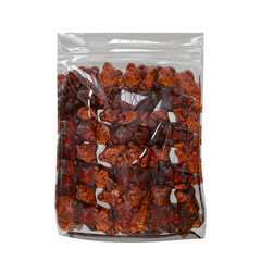 Spicy-Chili chamoy gummy bear in transparent pouch isolated on white background top view high quality details, 3d rendering