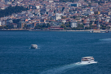 silhouette Istanbul city buildings from water Bosphorus or Golden Horn, public places.