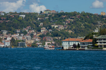 silhouette Istanbul city buildings from water Bosphorus or Golden Horn, public places.