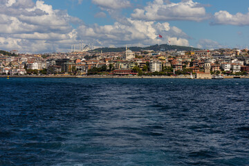 silhouette Istanbul city buildings from water Bosphorus or Golden Horn, public places.