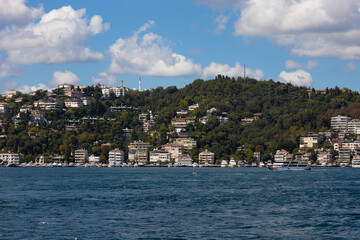 silhouette Istanbul city buildings from water Bosphorus or Golden Horn, public places.