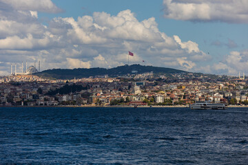 silhouette Istanbul city buildings from water Bosphorus or Golden Horn, public places.