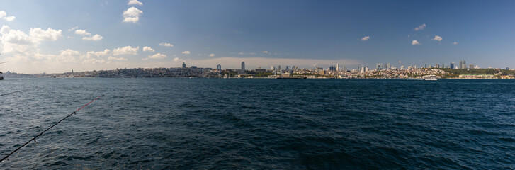 silhouette Istanbul city buildings from water Bosphorus or Golden Horn, public places.