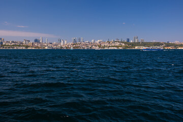 silhouette Istanbul city buildings from water Bosphorus or Golden Horn, public places.