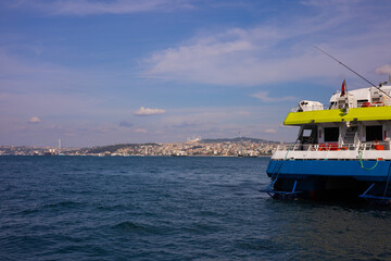 silhouette Istanbul city buildings from water Bosphorus or Golden Horn, public places.