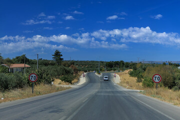 Highway wide road, transport and blue sky with clouds on a summer day