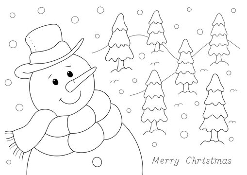 cute christmas snowman and snowy day with trees. easy coloring page you can print on standard a4 paper