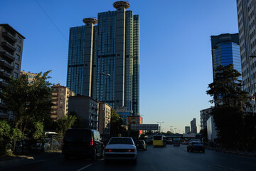 Highway wide road, transport and blue sky with clouds on a summer day