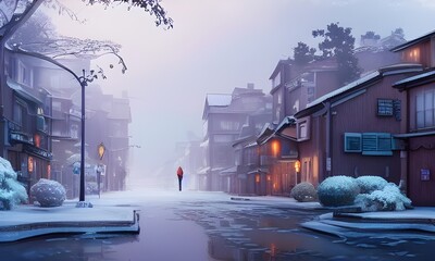 street in winter with snow and rain. 