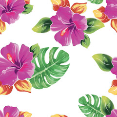 Beautiful seamless floral jungle pattern background. Colorful tropical flowers, palm leaves and plants, butterflies, bird of paradise flower, exotic print