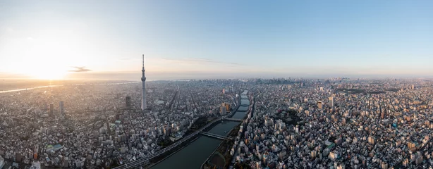 Zelfklevend Fotobehang Tokio High altitude panoramic view over Tokyo city Japan in the morning. Asia urban cityscape panorama aerial view landmark capital city banner photo.