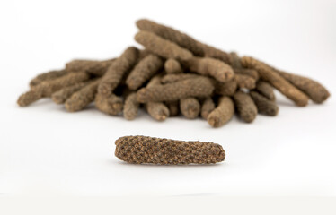 Pippali long pepper, spice close-up flat lay on a white background. Indian and Arabic spices for cooking. Medicinal herbs and spices.