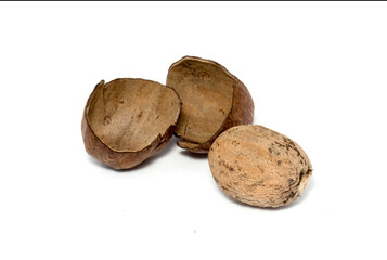 Nutmeg close-up on a white background. Indian spices close up. Medicinal herbs and spices.
