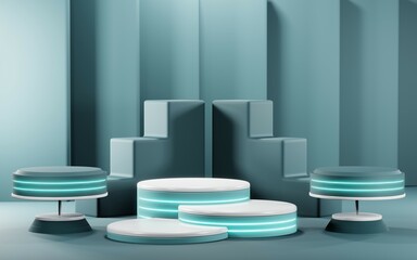 3D render of Podium background in blue tones for displaying cream products. cosmetics