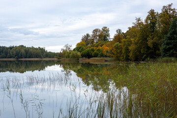 Fototapeta na wymiar Peaceful scenery of lake Katvari on a cloudy day in September with colorful trees in Latvia