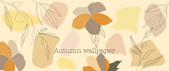 Vector background. Autumn colors. Botanical wallpaper with flowers, branches and leaves. Perfect for banner, prints, wall art and home decor.